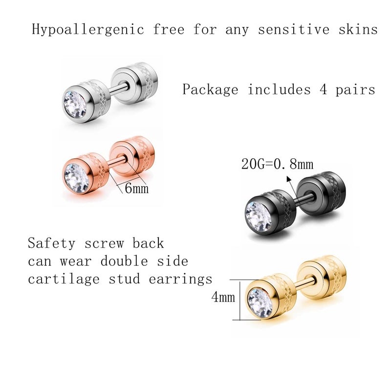 CVAYU Hypoallergenic double sided diamond Stud Earrings For Womens Men Secure Safety Screw back Cartilage CZ Stud Earrings (4mm 4 color (4 Pairs)) - Image 2